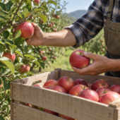 Apple orchard careful harvesting — illustrative image